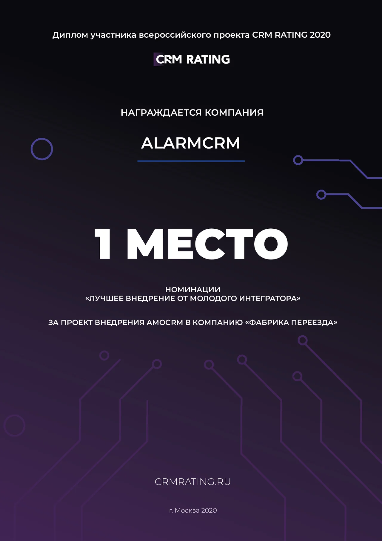 Сертификат: Лучшее внедрение amoCRM