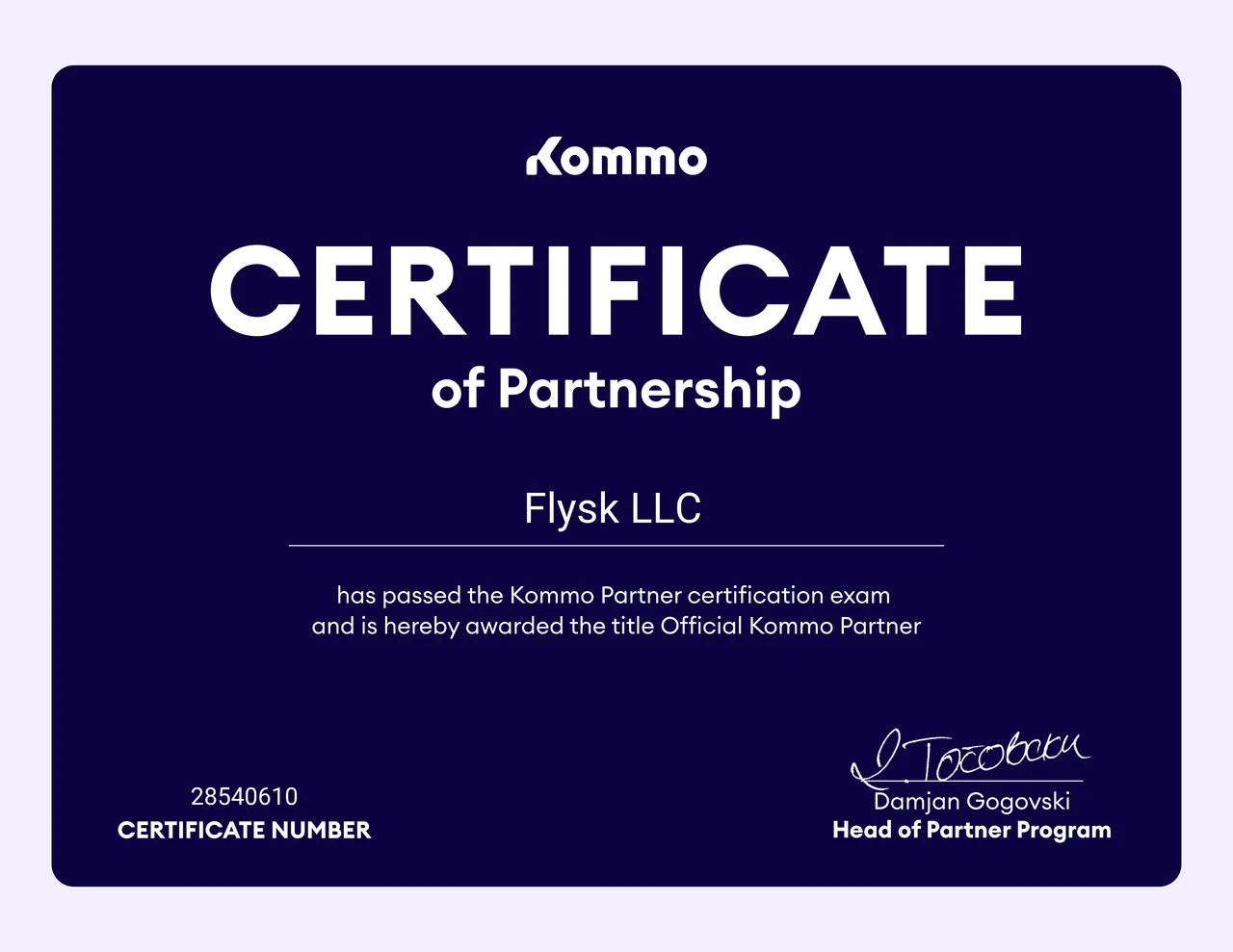 Flysk - certificate of partnership Kommo