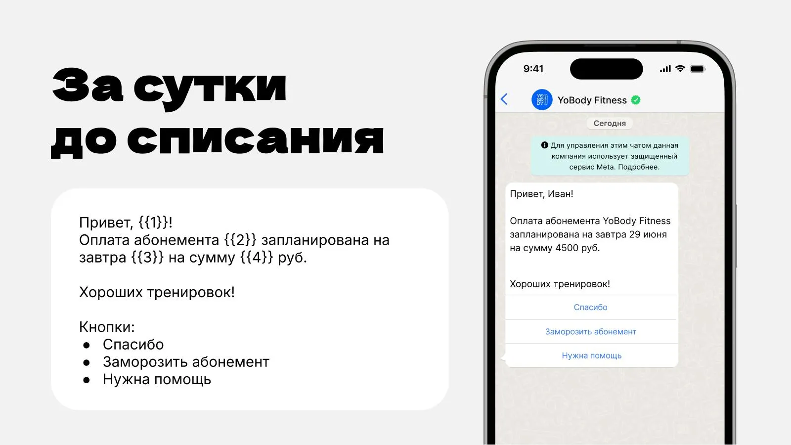 Пример уведомления о предстоящем списании абонемента за 24 часа