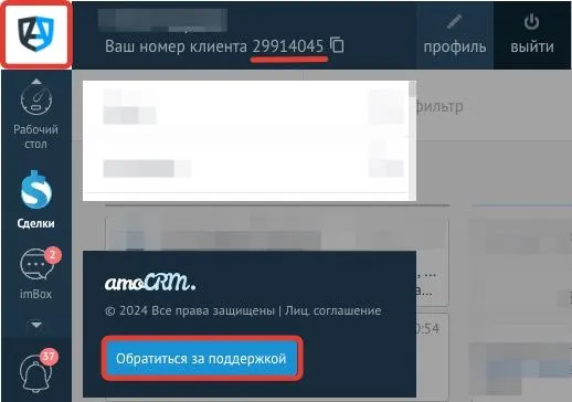 Профиль пользователя amoCRM с ID клиента